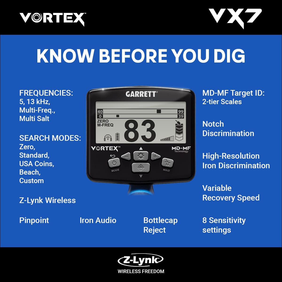 Kayseri Garrett Vortex VX7 Dedektör - VX7 hedef ID ekranı, iki katmanlı MD-MF okuma ile demir ve iletken hedefleri ayırmaya yardım eder.